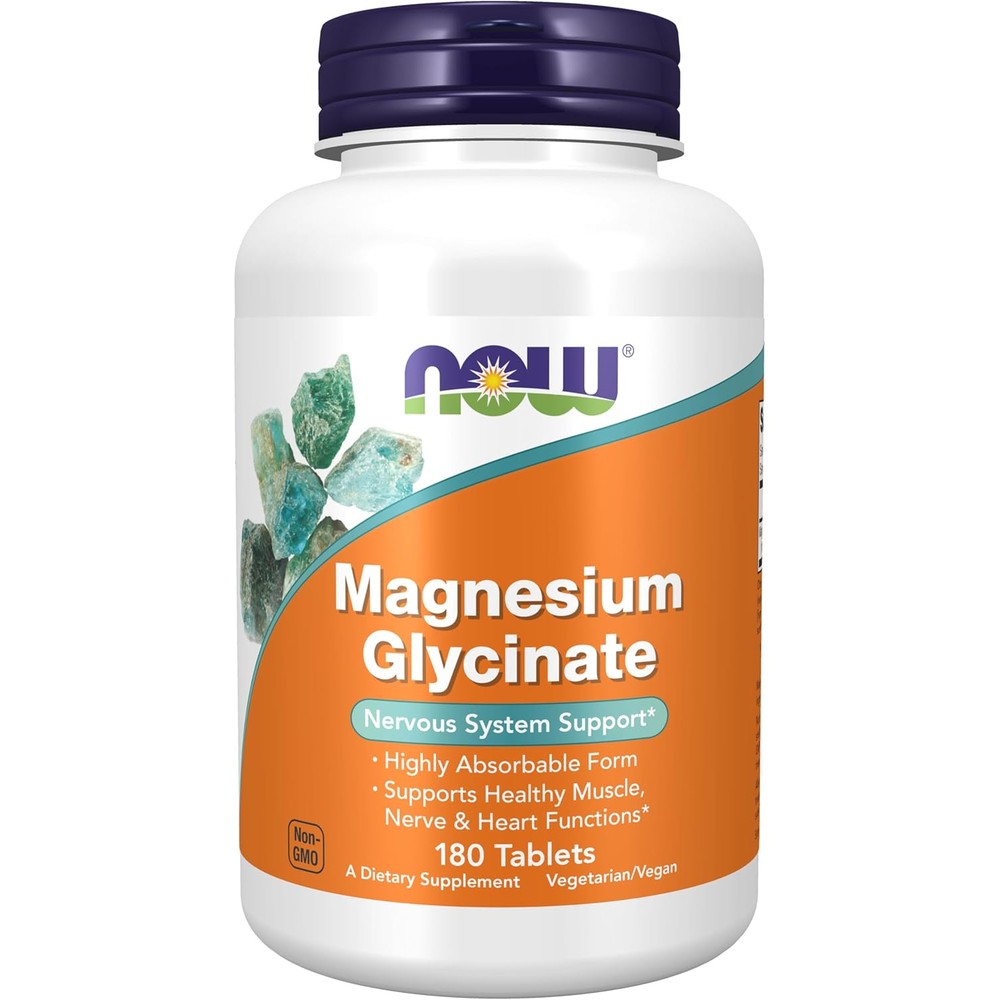 NOW Foods Magnesium Glycinate 180 Tablets front view showing high absorption supplement label.