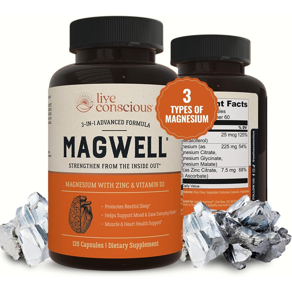Live Conscious Magwell Magnesium Zinc and Vitamin D3 120 capsules front view bottle showing premium 3-in-1 dietary supplement formula