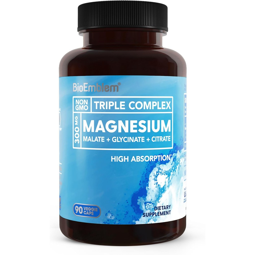 BioEmblem Triple Magnesium Complex 90 vegan capsules front bottle view for muscle relaxation