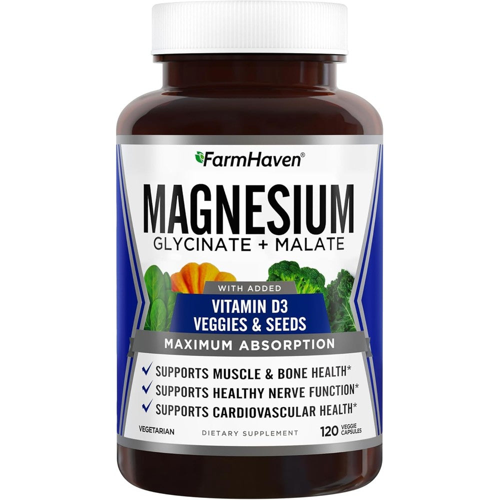FarmHaven Magnesium Glycinate and Malate Complex 120 capsules front bottle view