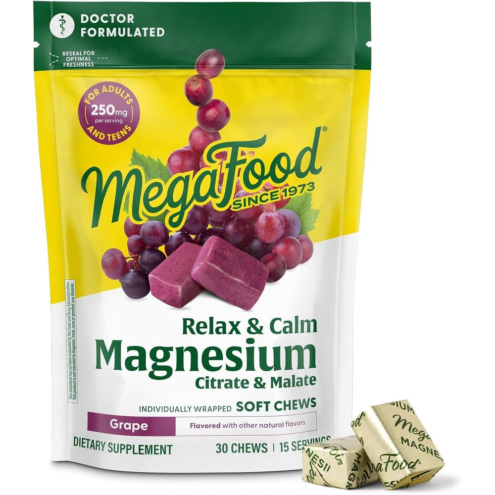 MegaFood Relax and Calm Magnesium Citrate and Malate Grape Flavor 30 Soft Chews front packaging for stress relief