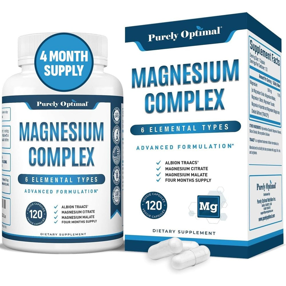 Purely Optimal Magnesium Complex 120 capsules front bottle view for high absorption sleep support