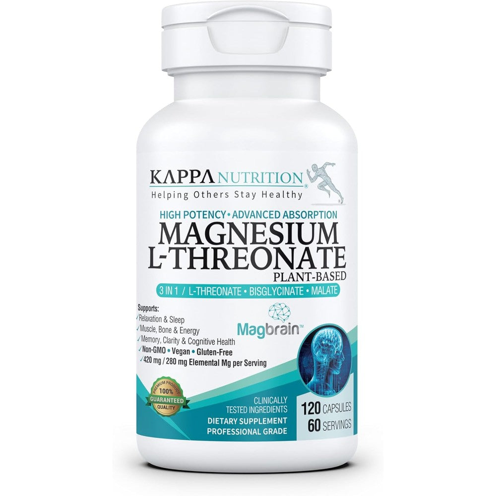 Kappa Nutrition Magnesium L Threonate 120 capsules front bottle view for brain and sleep support.