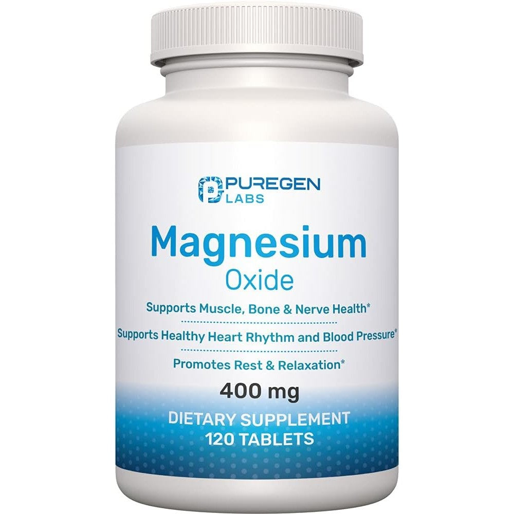 P Puregen Labs Magnesium Oxide 400mg 120 Tablets front bottle view