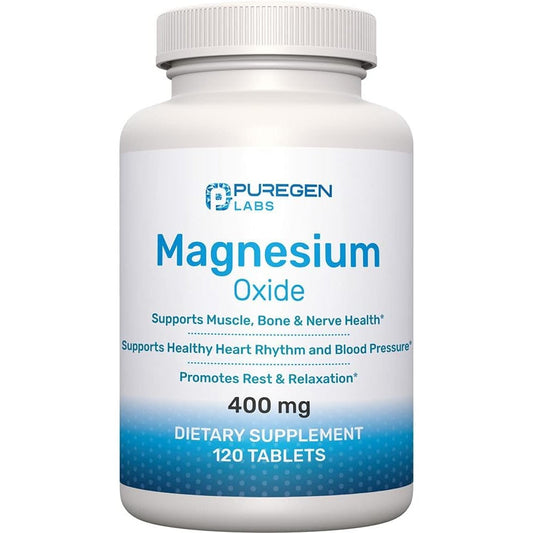 P Puregen Labs Magnesium Oxide 400mg 120 Tablets front bottle view