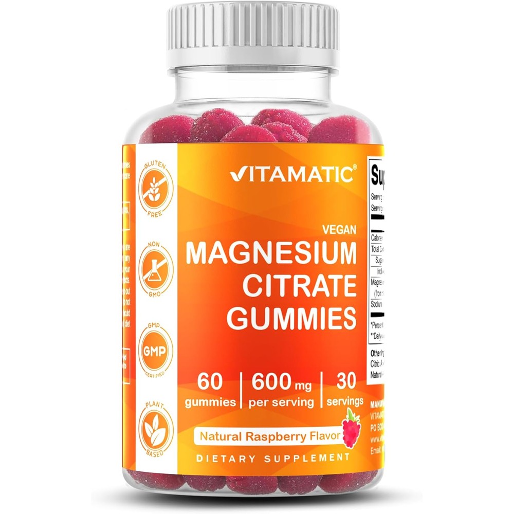 Vitamatic Magnesium Citrate Gummies front view bottle showing raspberry flavor vegan supplement details