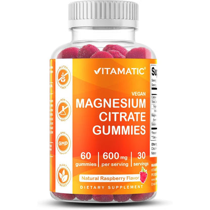 Vitamatic Magnesium Citrate Gummies front view bottle showing raspberry flavor vegan supplement details