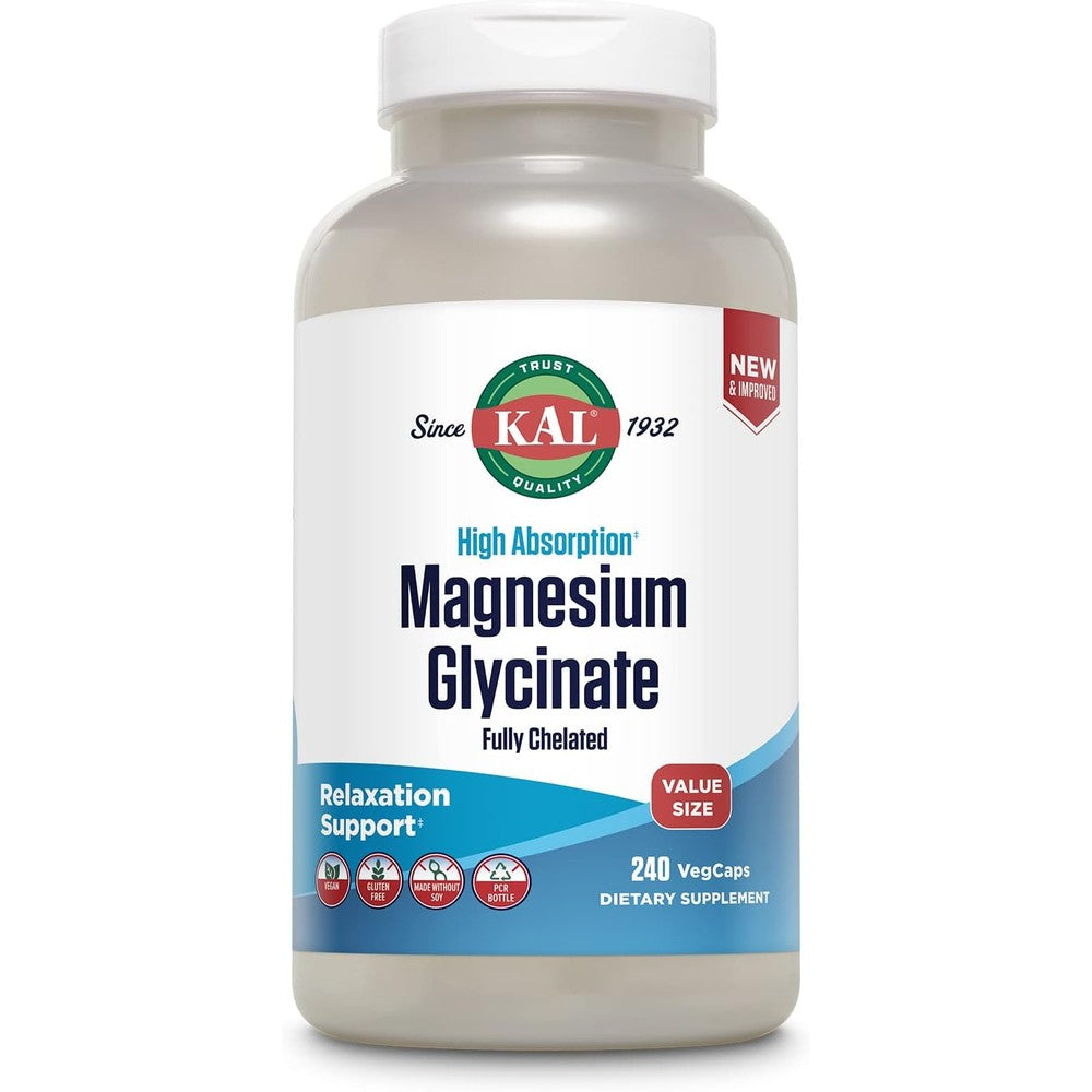 KAL Magnesium Glycinate 350mg 240 vegetarian capsules front bottle view