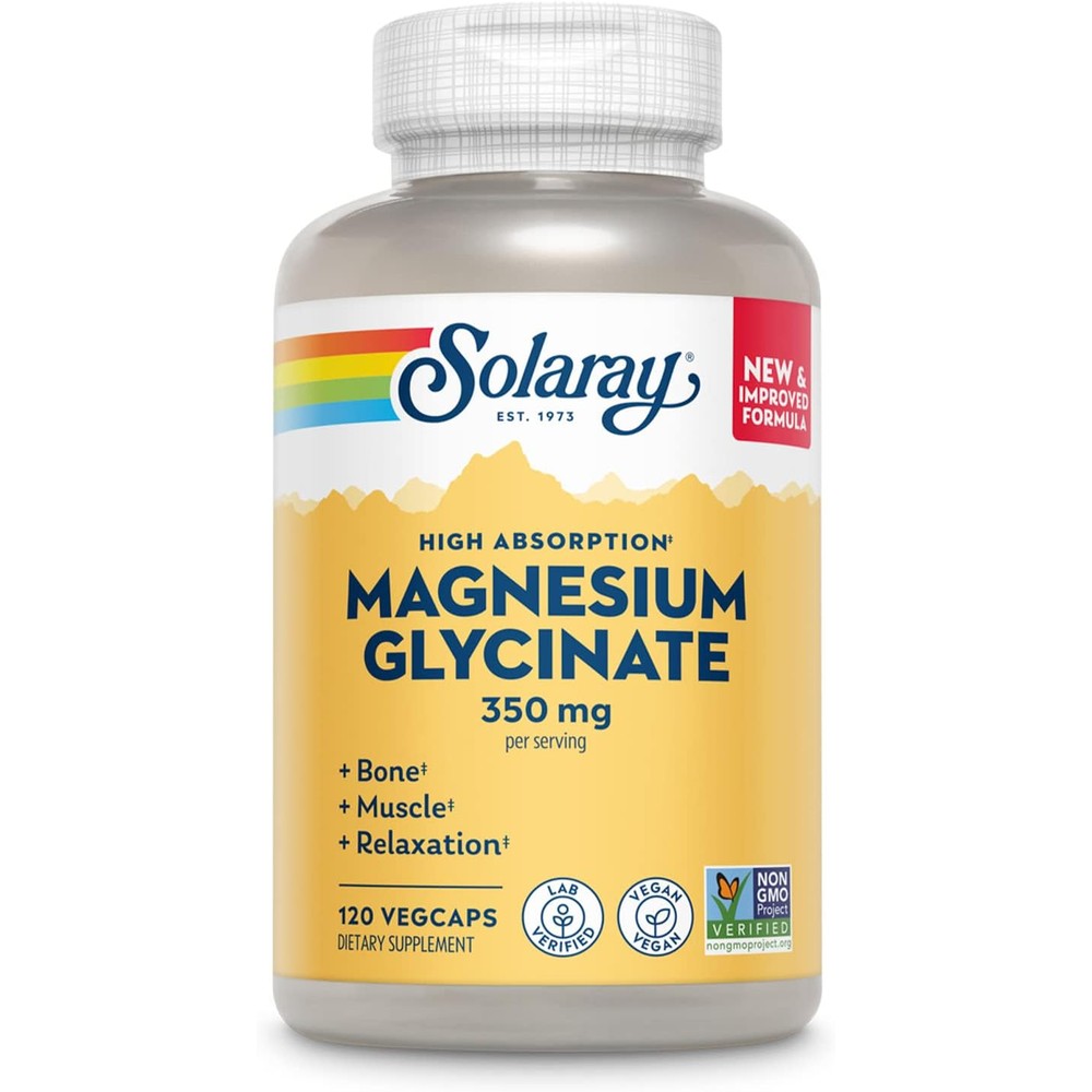 Solaray Magnesium Glycinate 350mg 120 vegetable capsules front label view showing high absorption formula