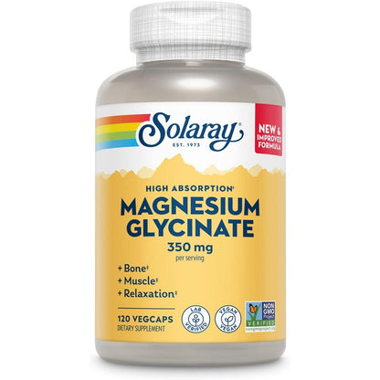 Solaray Magnesium Glycinate 350mg 120 vegetable capsules front label view showing high absorption formula