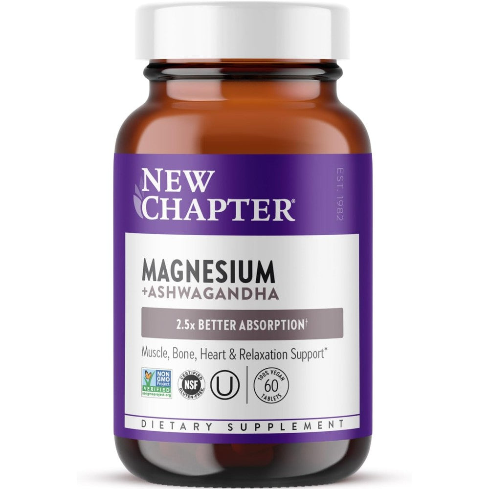 New Chapter Magnesium and Ashwagandha 60 tablets front view showing premium dietary supplement packaging.
