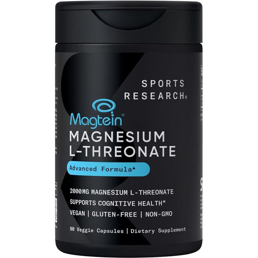 Sports Research Magnesium L-Threonate 90 veggie capsules front bottle view for brain health