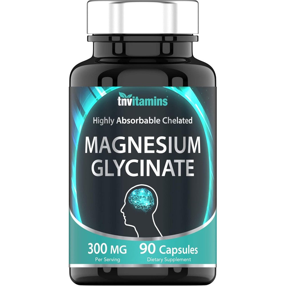 TNVitamins Magnesium Glycinate 300mg 90 capsules front view showing the cyan brain graphic on a premium black bottle.