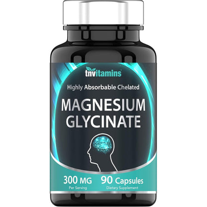 TNVitamins Magnesium Glycinate 300mg 90 capsules front view showing the cyan brain graphic on a premium black bottle.