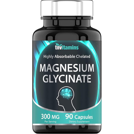 TNVitamins Magnesium Glycinate 300mg 90 capsules front view showing the cyan brain graphic on a premium black bottle.