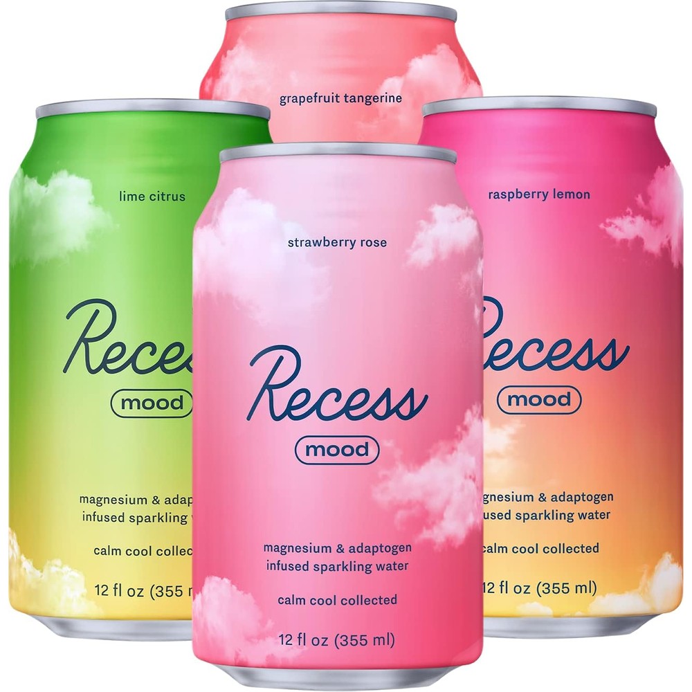 Recess Mood Magnesium and Adaptogen Sparkling Water Variety Pack front view showing assorted cans