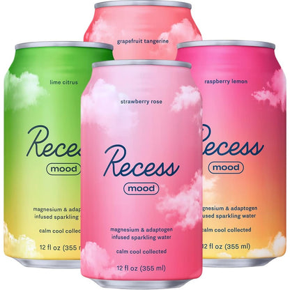 Recess Mood Magnesium and Adaptogen Sparkling Water Variety Pack front view showing assorted cans
