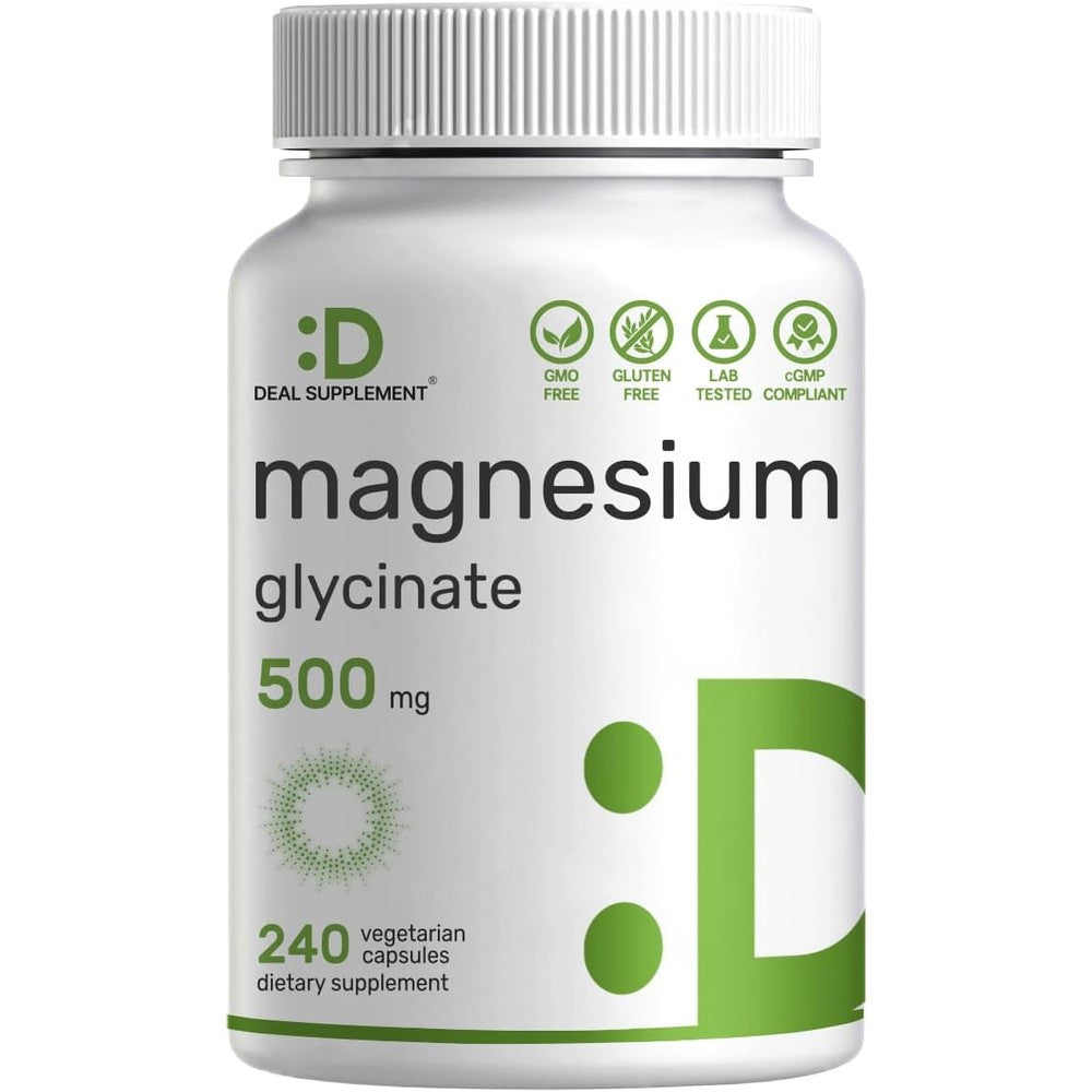 Deal Supplement Magnesium Glycinate 500mg bottle front view showing 240 vegetarian capsules text.