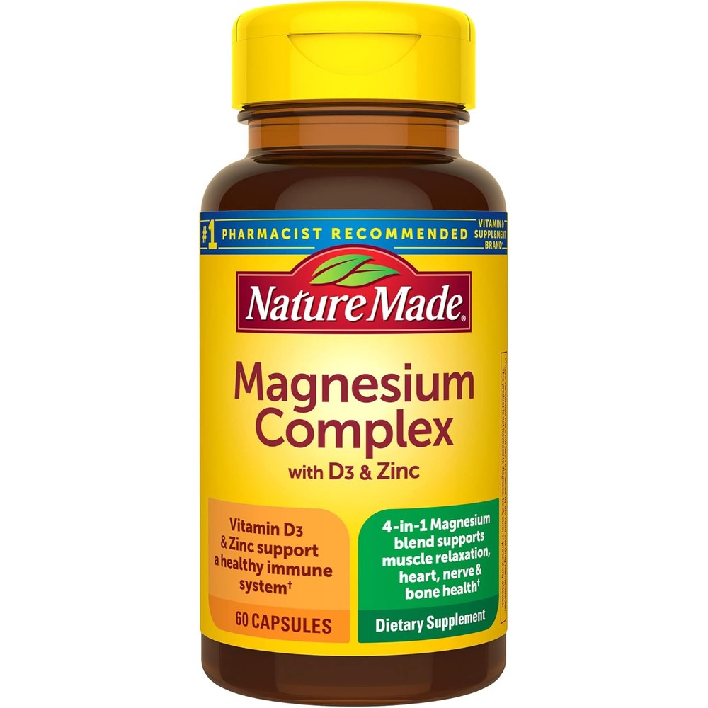 Nature Made Magnesium Complex front view bottle containing sixty capsules for muscle relaxation support
