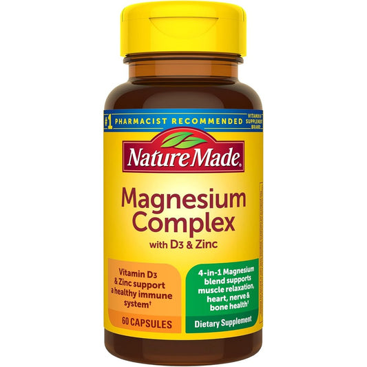 Nature Made Magnesium Complex front view bottle containing sixty capsules for muscle relaxation support