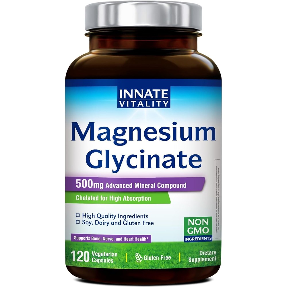 Innate Vitality Magnesium Glycinate 500mg front label view of the 120 vegan capsules bottle
