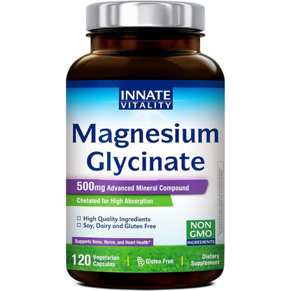 Innate Vitality Magnesium Glycinate 500mg front label view of the 120 vegan capsules bottle