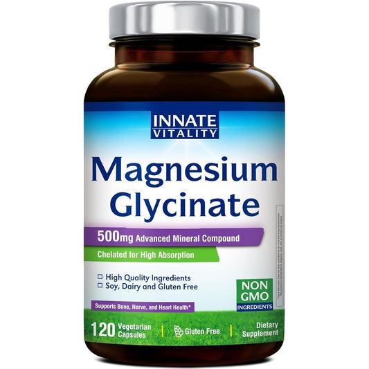 Innate Vitality Magnesium Glycinate 500mg front label view of the 120 vegan capsules bottle