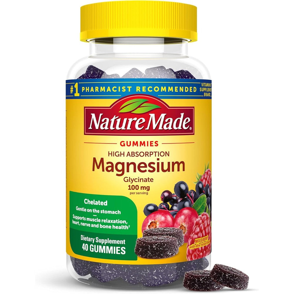 Nature Made Magnesium Glycinate 100mg 40 Gummies front bottle packaging displaying mixed berry flavor.
