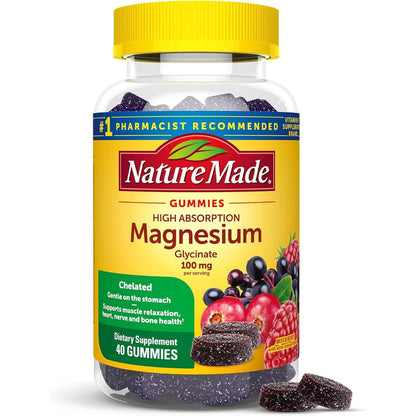 Nature Made Magnesium Glycinate 100mg 40 Gummies front bottle packaging displaying mixed berry flavor.