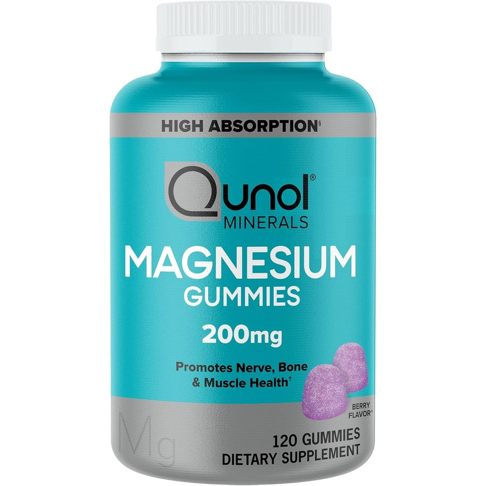 Qunol Magnesium Citrate Gummies 120 count front bottle view for high absorption muscle support.