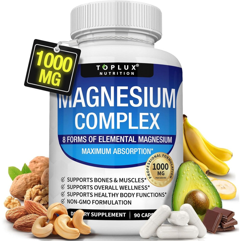 Toplux Nutrition Magnesium Complex 1000mg front bottle label view ninety vegan capsules