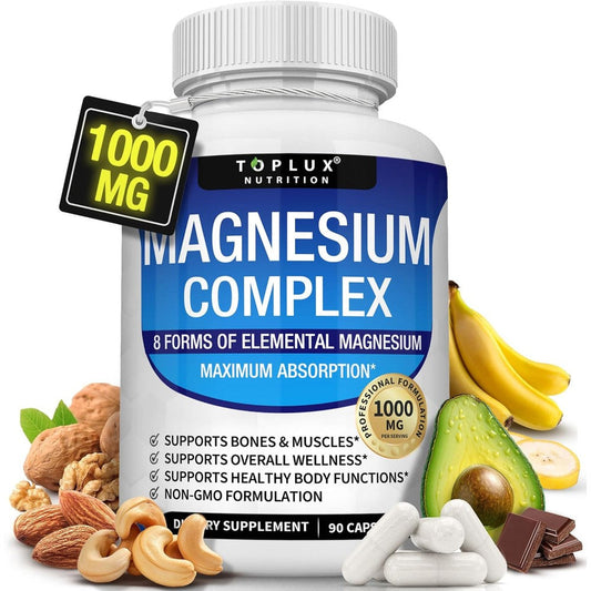 Toplux Nutrition Magnesium Complex 1000mg front bottle label view ninety vegan capsules