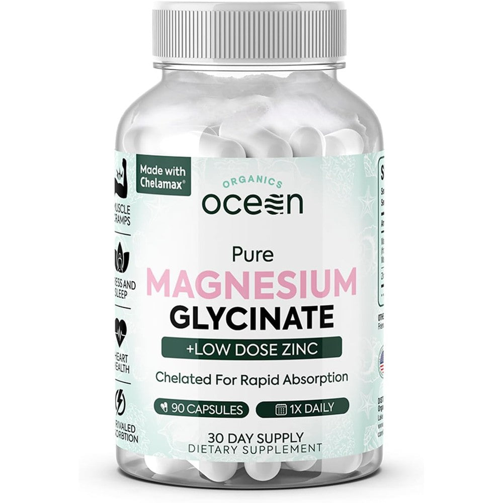Organics Ocean Pure Magnesium Glycinate And Zinc 90 capsules bottle front view showing product labels
