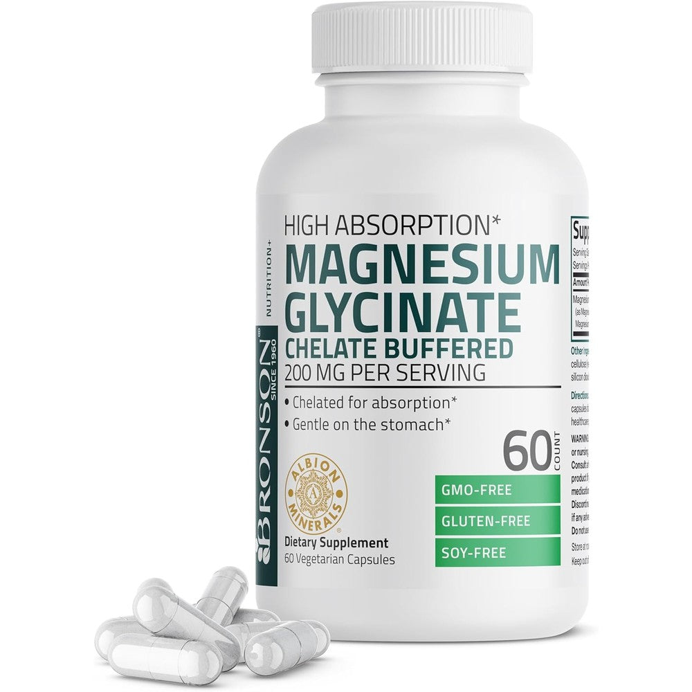 Bronson Magnesium Glycinate front view bottle showing sixty vegetarian capsules label