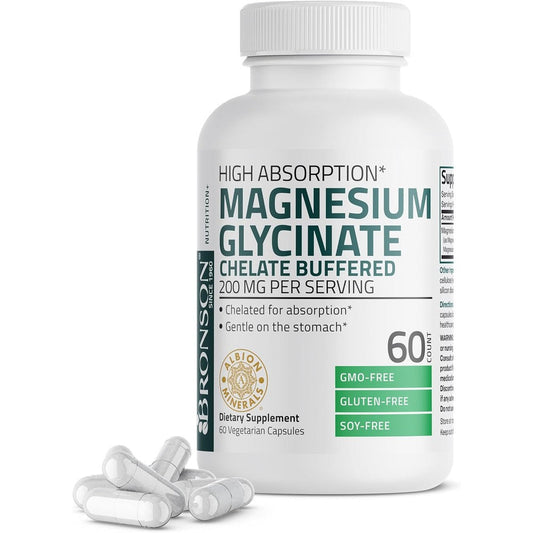 Bronson Magnesium Glycinate front view bottle showing sixty vegetarian capsules label