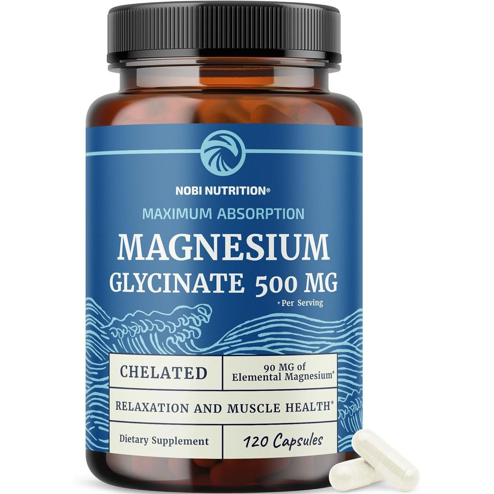 Nobi Nutrition Magnesium Glycinate 500mg bottle front view showing 120 capsules label