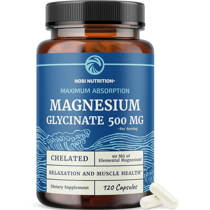 Nobi Nutrition Magnesium Glycinate 500mg bottle front view showing 120 capsules label