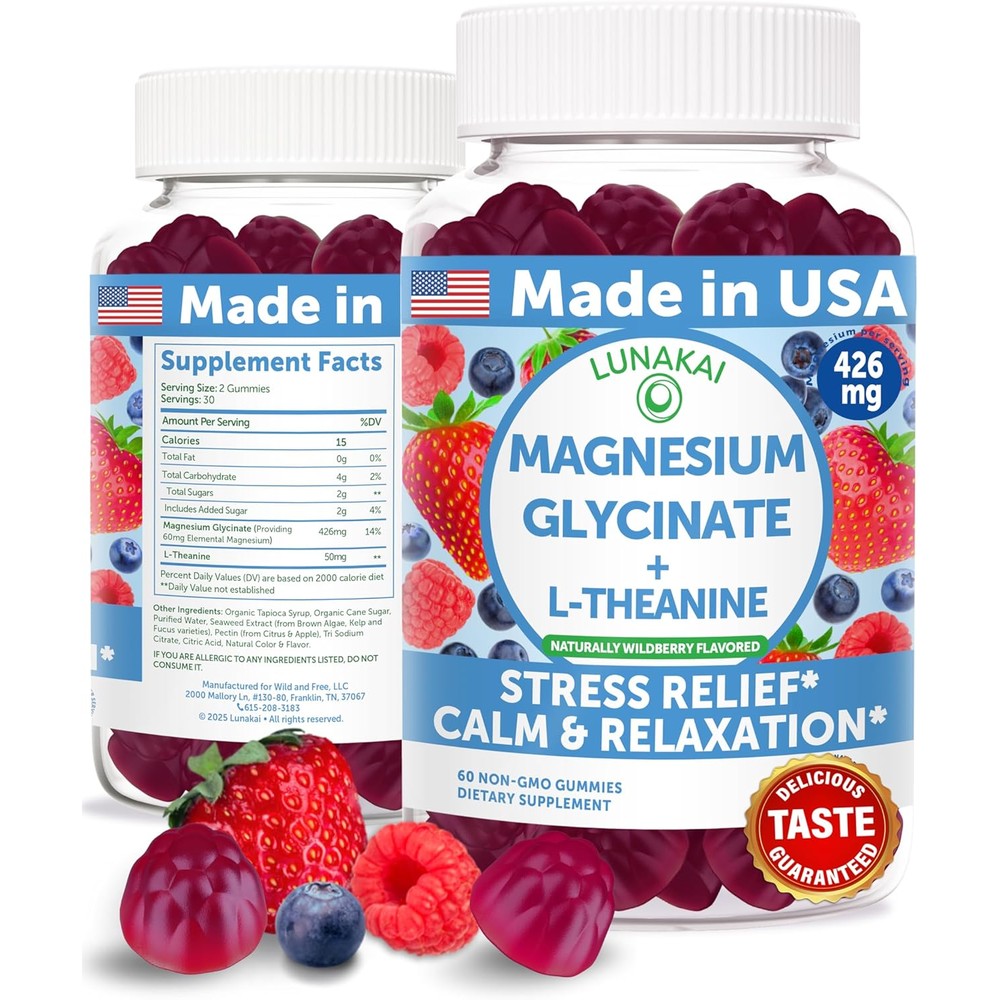Lunakai Magnesium Glycinate 400mg and L-Theanine front view bottle showing wildberry flavor stress relief gummies.