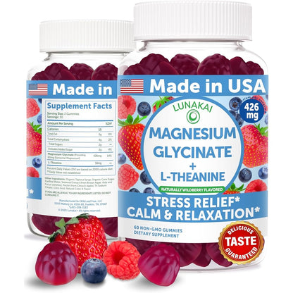 Lunakai Magnesium Glycinate 400mg and L-Theanine front view bottle showing wildberry flavor stress relief gummies.
