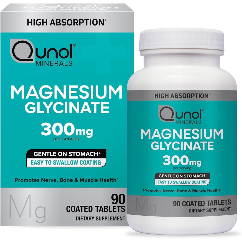 Qunol Magnesium Glycinate 300mg 90 Tablets front view bottle for muscle relaxation