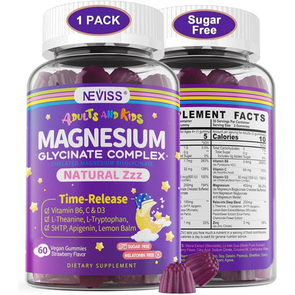 Neviss Magnesium Glycinate 60 Gummies front view bottle for premium imported health supplements in India.
