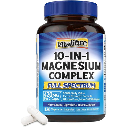 Vitalibre 10 in 1 Magnesium Complex 420mg front bottle view showing premium health supplement branding