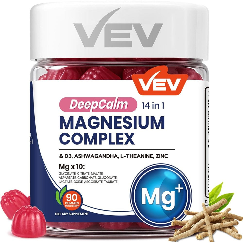 VEV Deep Calm Magnesium Complex 14in1 Gummies front bottle view for stress relief