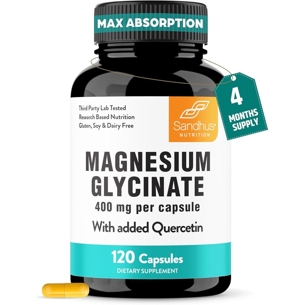 Sandhu's Magnesium Glycinate 400mg with Quercetin 120 capsules front view bottle showing high absorption supplement facts for sleep
