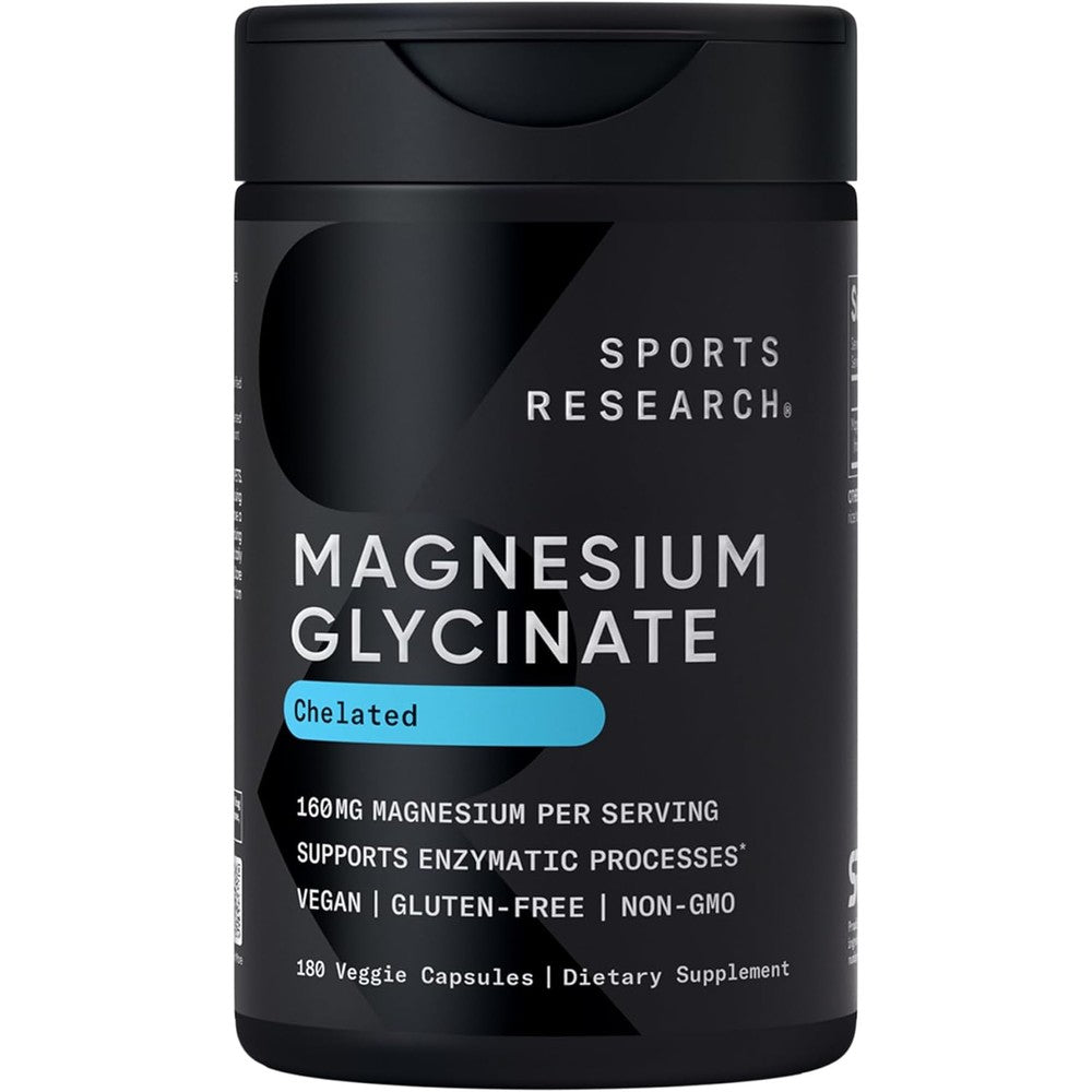 Sports Research Magnesium Glycinate 180 veggie capsules front bottle view for sleep support.