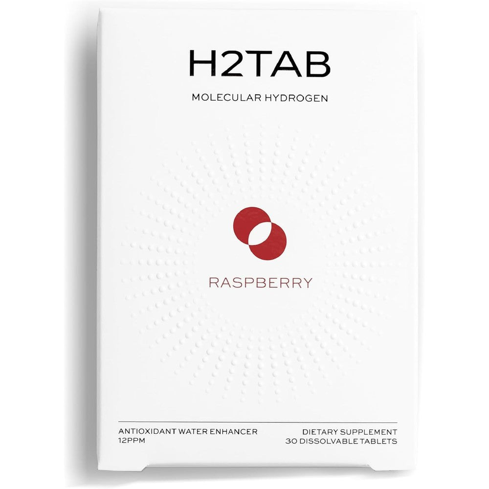 H2TAB Molecular Hydrogen Water Tablets 30 count front packaging showing raspberry flavor