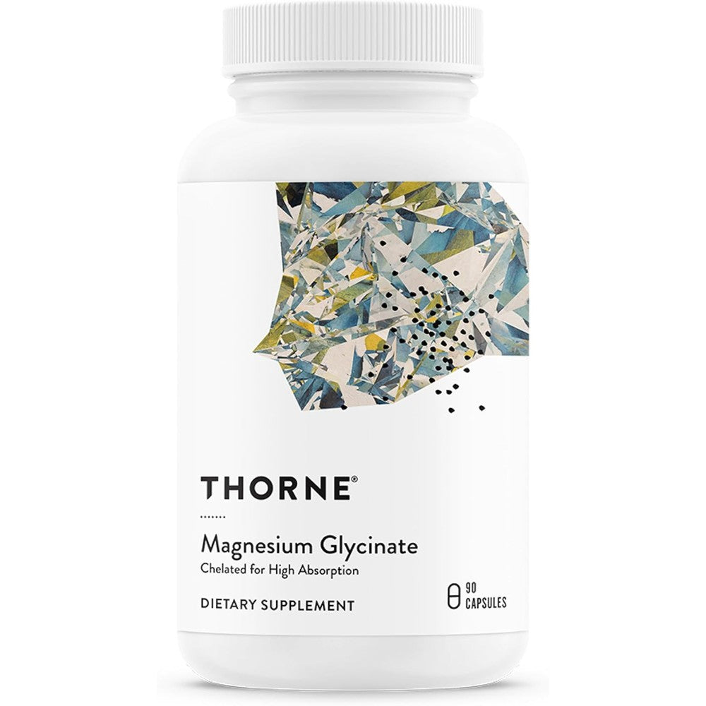 Thorne Magnesium Glycinate 90 capsules bottle front view for restful sleep.