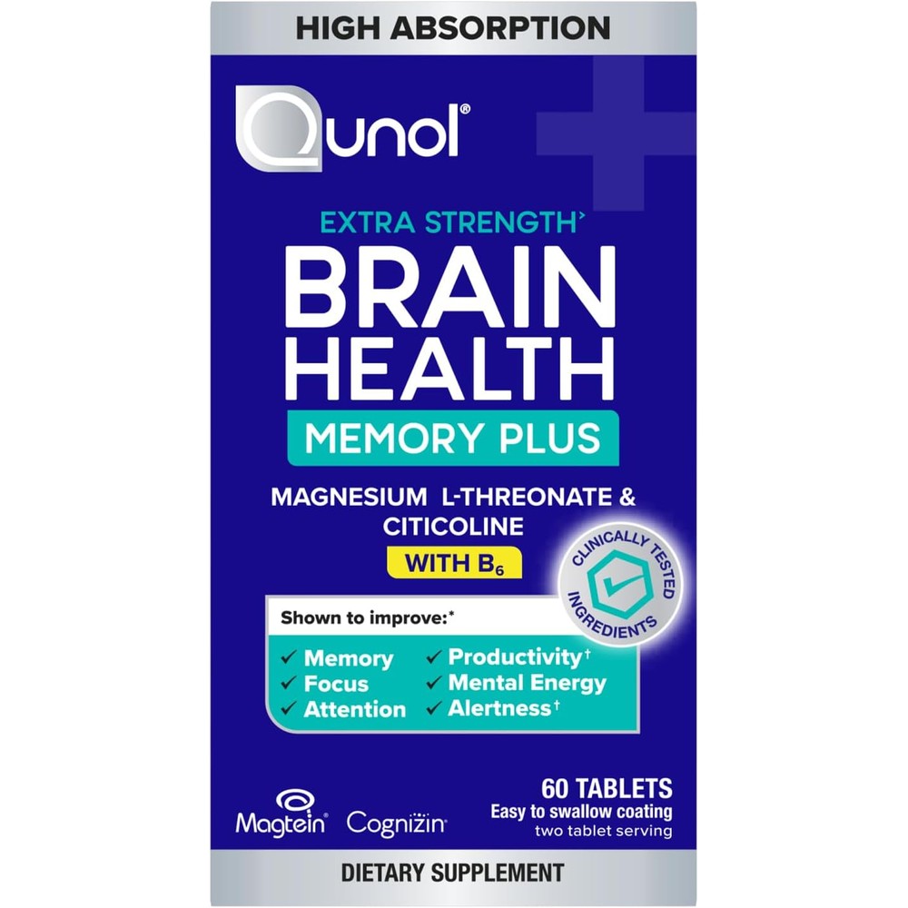 Qunol Brain Health Memory Plus front view bottle of cognitive supplement