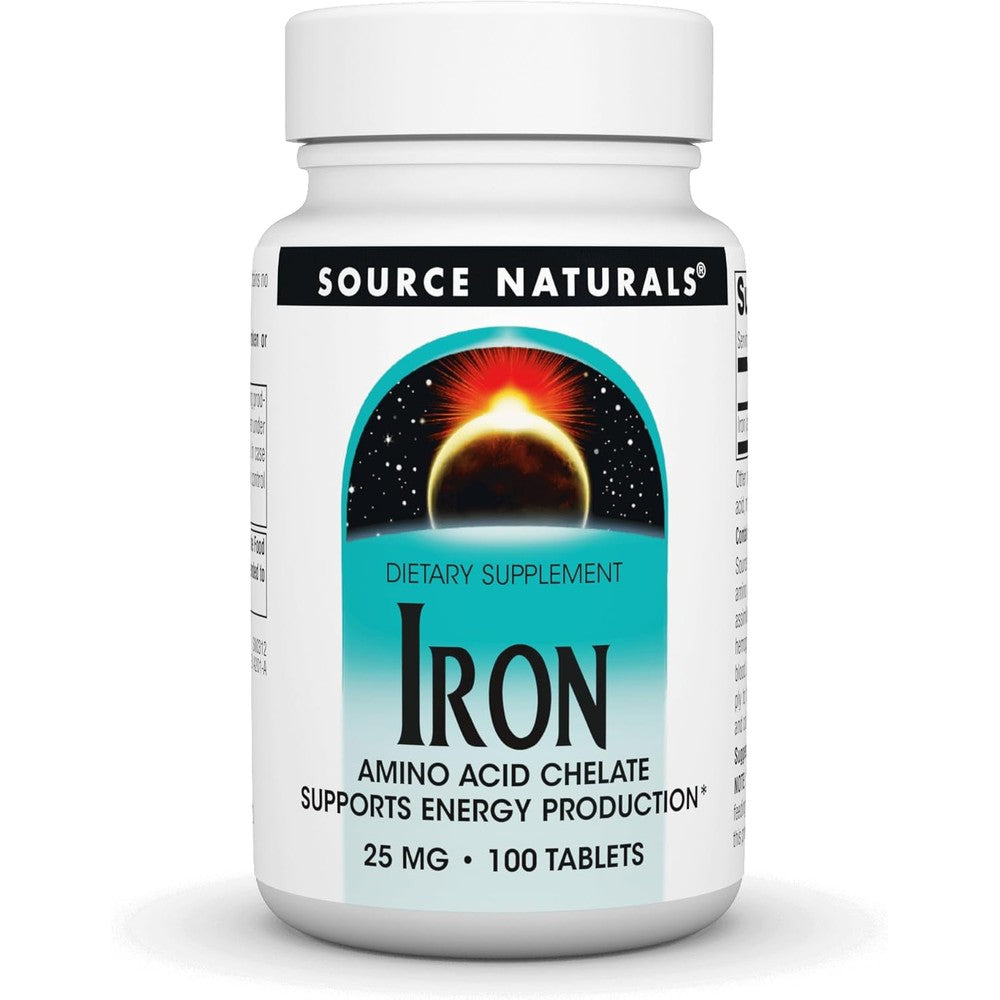 Source Naturals Iron Amino Acid Chelate 25mg 100 Tablets front view bottle