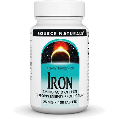 Source Naturals Iron Amino Acid Chelate 25mg 100 Tablets front view bottle